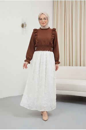 Beli Lastikli Fistolu Astarlı Keten Etek -Ekru