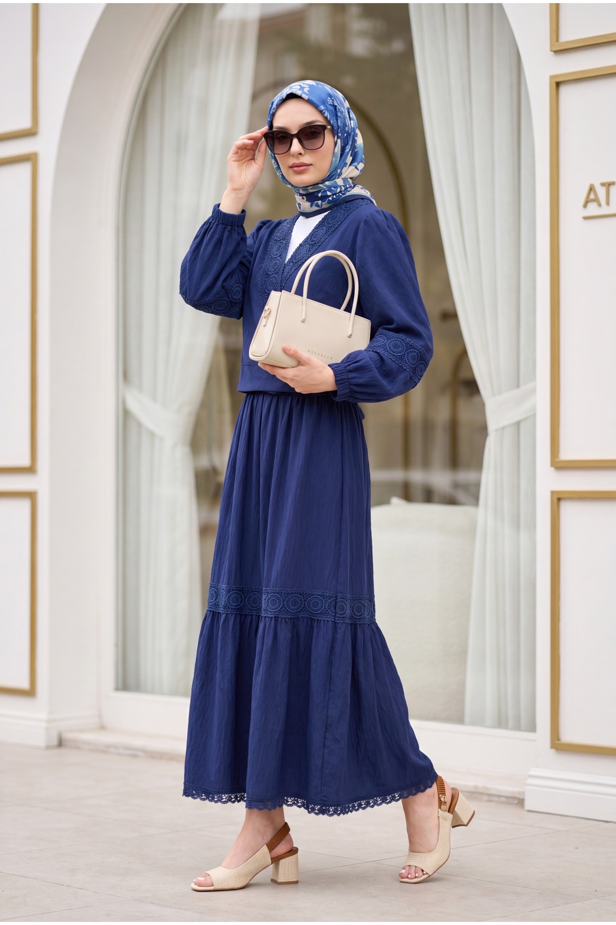 Lace Detailed Tied Elastic Sleeve Knit Skirt Suit -Navy blue