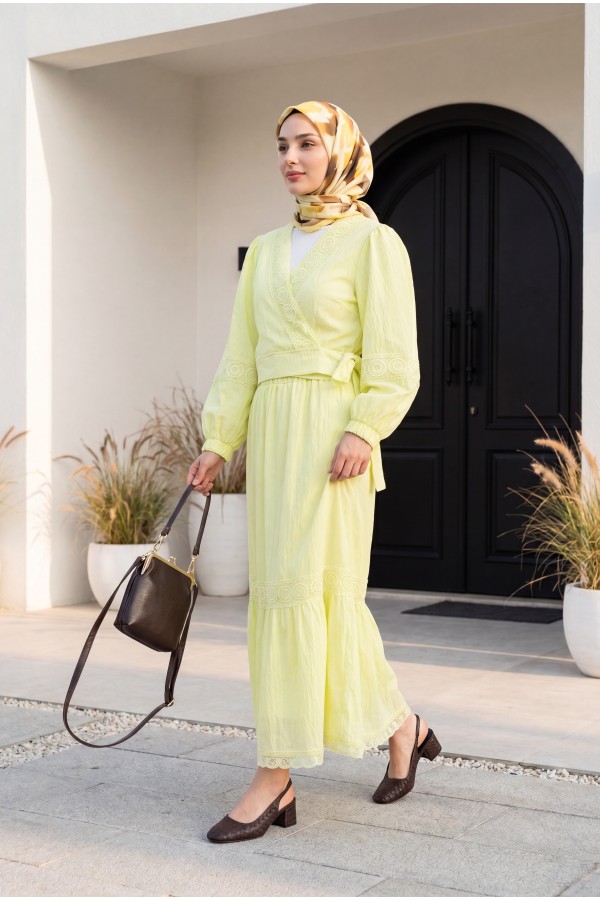 Lace Detailed Tied Elastic Sleeve Knit Skirt Suit -Light yellow