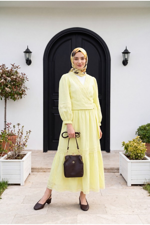 Lace Detailed Tied Elastic Sleeve Knit Skirt Suit -Light yellow