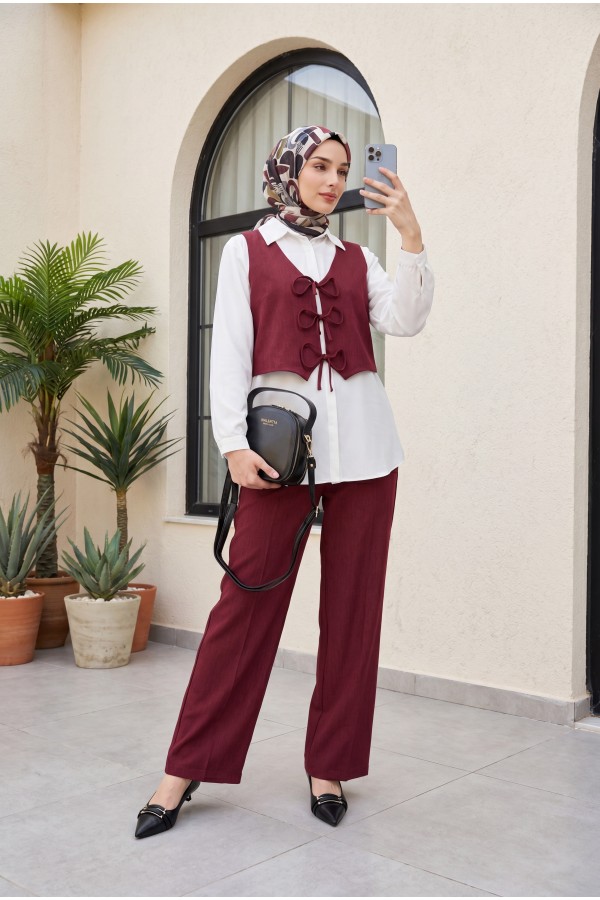 Front Tie Vest Trousers Two Piece Set   -Maroon