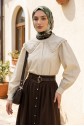 Peter Pan Collar Buttoned Poplin Shirt with Lace Detail - Beige