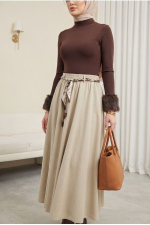 Beli Lastikli Kemerli Cepli Keten Etek -Taş
