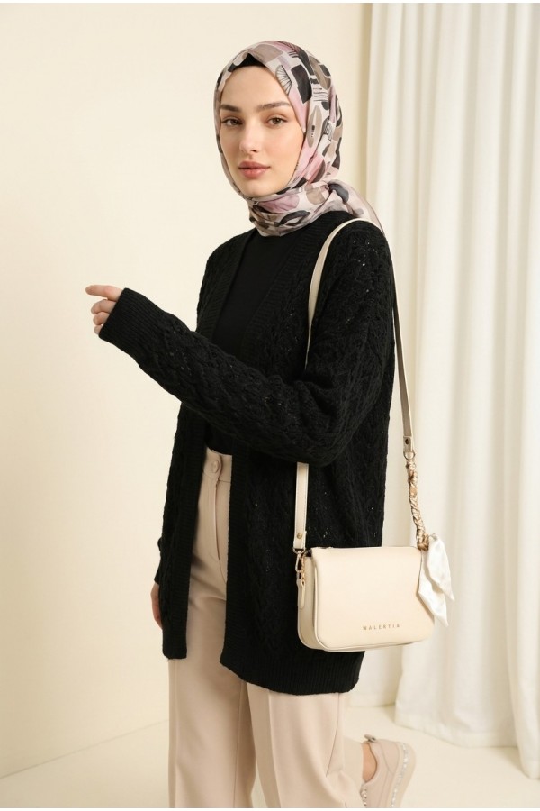 Loose-fitting knitted cardigan with openwork pattern. -Black