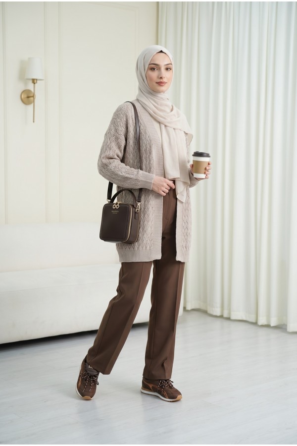 Loose-fitting knitted cardigan with openwork pattern. -Powder