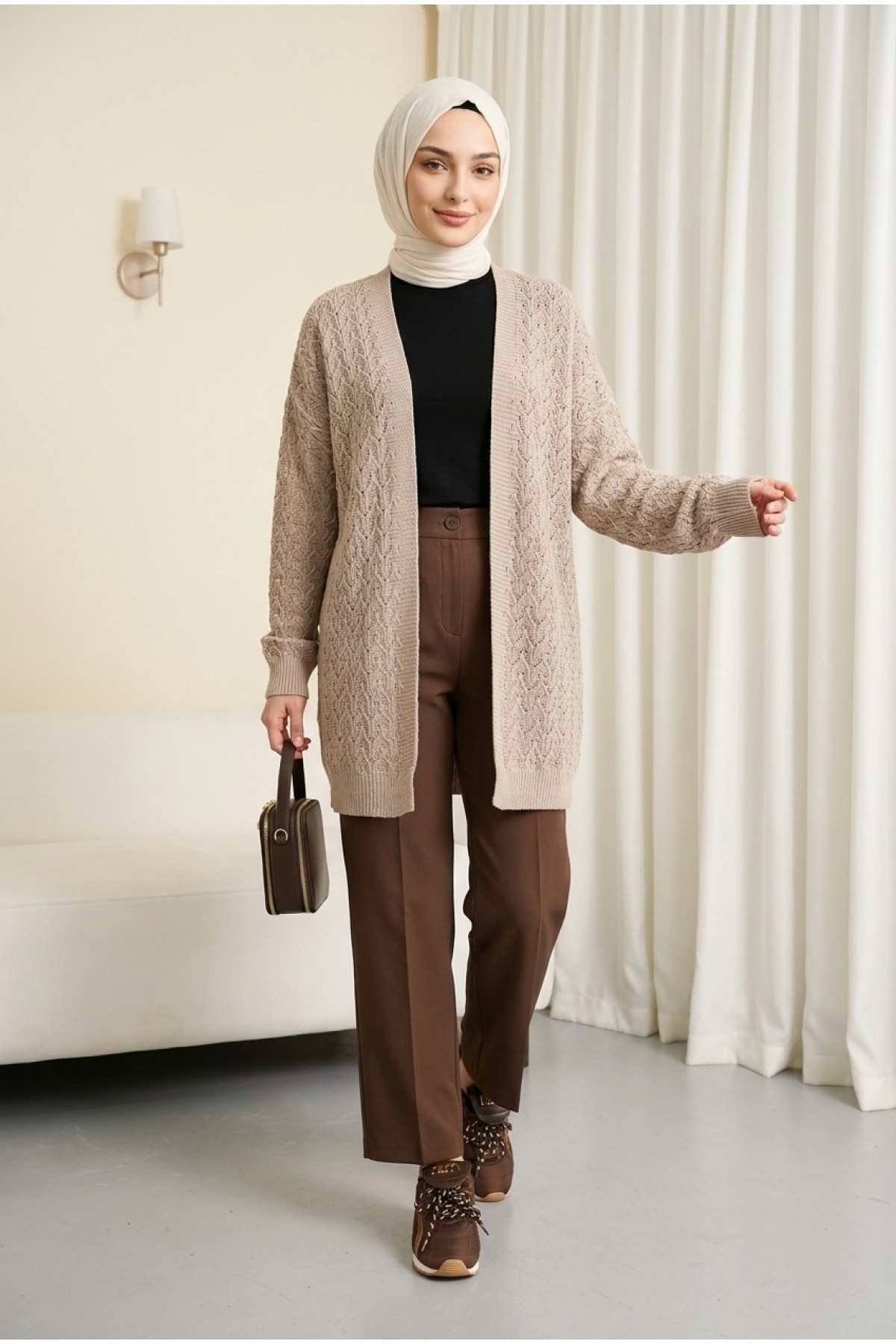 Loose-fitting knitted cardigan with openwork pattern. -Powder detay görseli