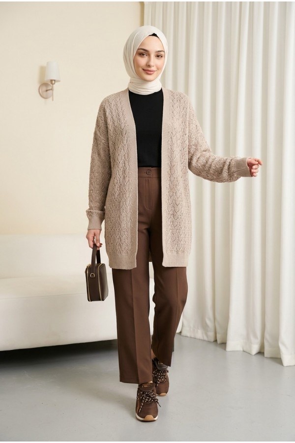 Loose-fitting knitted cardigan with openwork pattern. -Powder