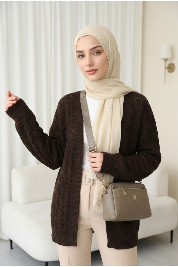 كارديجان محبوك فضفاض بنمط مفتوح. -بني محروق