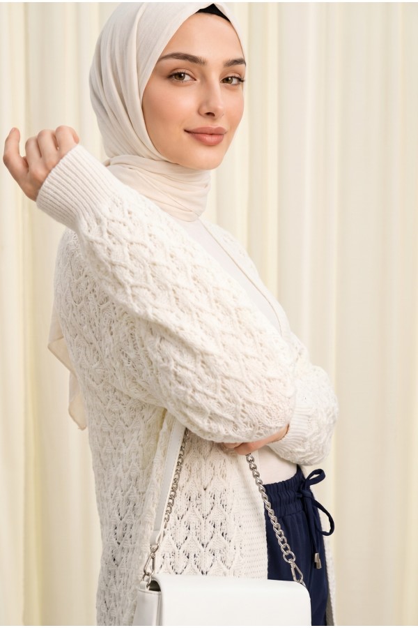 كارديجان محبوك فضفاض بنمط مفتوح. -أبيض سكري