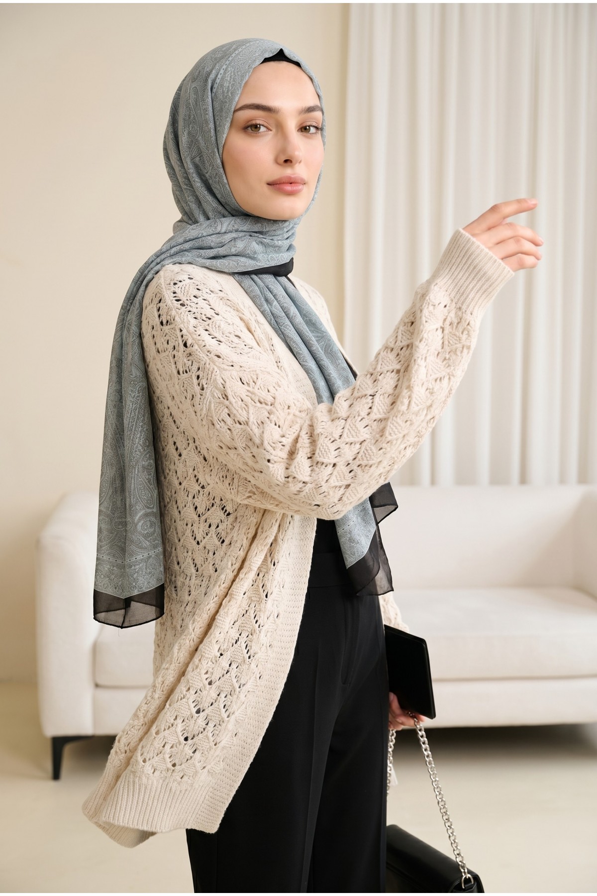 كارديجان محبوك فضفاض بنمط مفتوح. -حجر