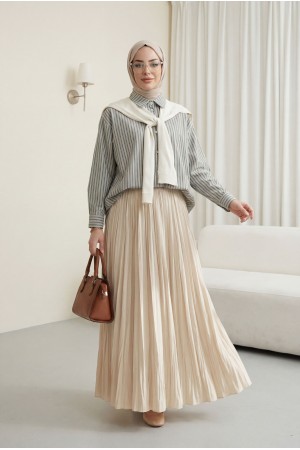 Triko Fular Detaylı Çizgili Keten Gömlek -Haki