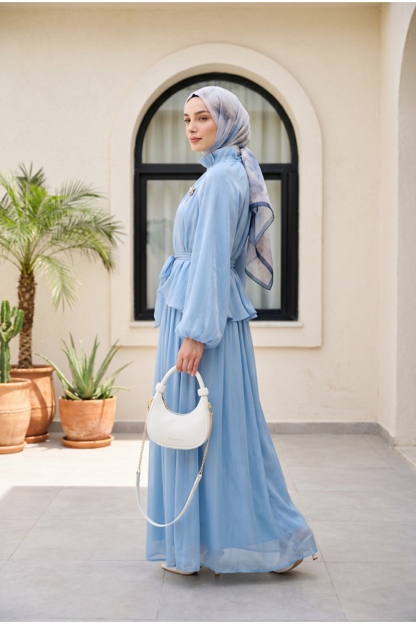 Set with Brooch Detail, Elasticated Sleeves, Belt, Lined, Shimmering Chiffon Skirt -Baby Blue