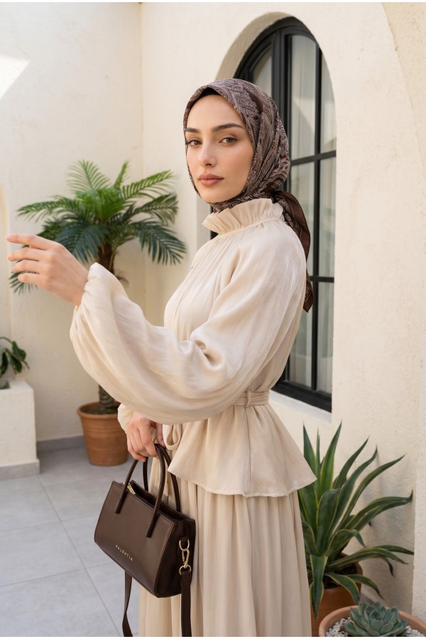 Set with Brooch Detail, Elasticated Sleeves, Belt, Lined, Shimmering Chiffon Skirt - Beige
