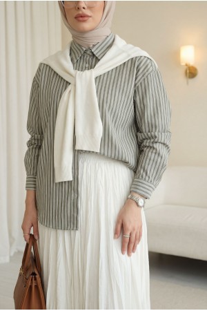 Triko Fular Detaylı Çizgili Keten Gömlek -Haki