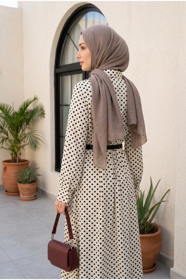 Polka Dot Viscose Dress with Tie Neckline and Belted Waist -White