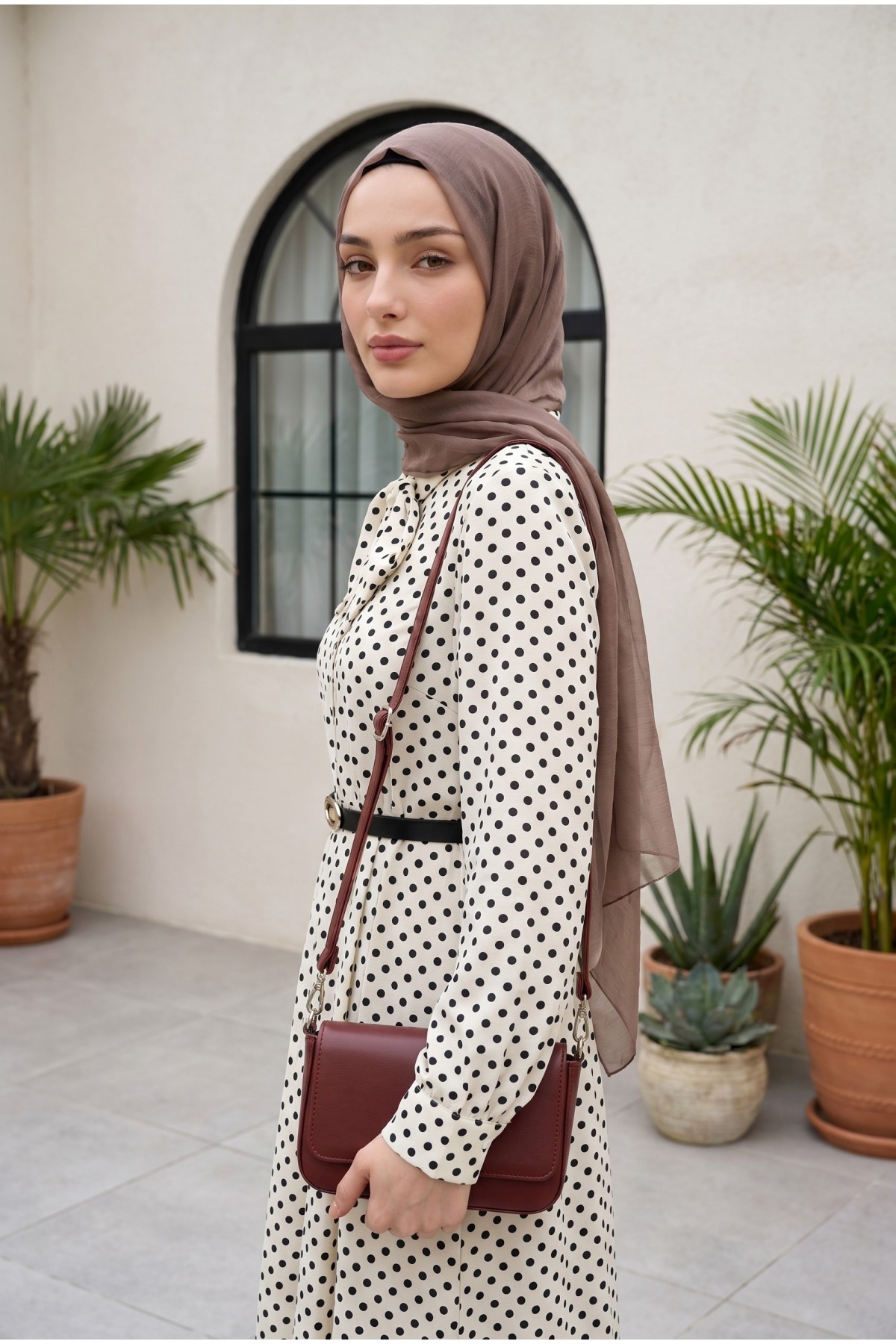 Polka Dot Viscose Dress with Tie Neckline and Belted Waist -White