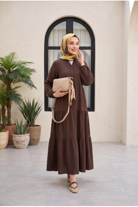 V-Neck Half-Buttoned Elasticated Sleeve Patchwork Muslin Dress -Dark Coffee