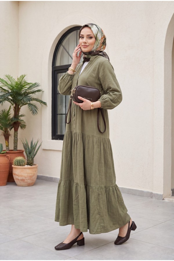 V-Neck Half-Buttoned Elasticated Sleeve Patchwork Muslin Dress -Khaki