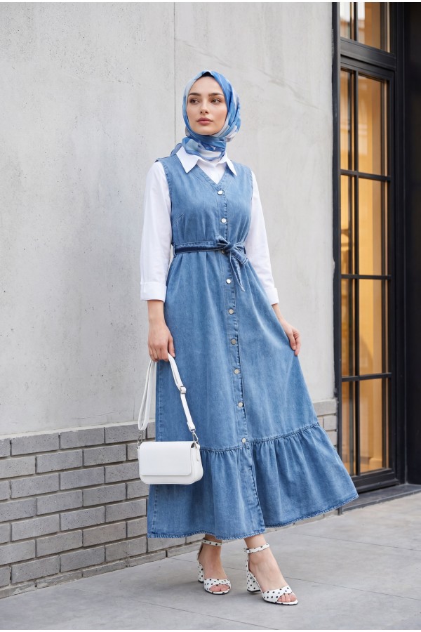 Tied Waist Denim Vest with Buttoned Front and Pockets -Ice Blue