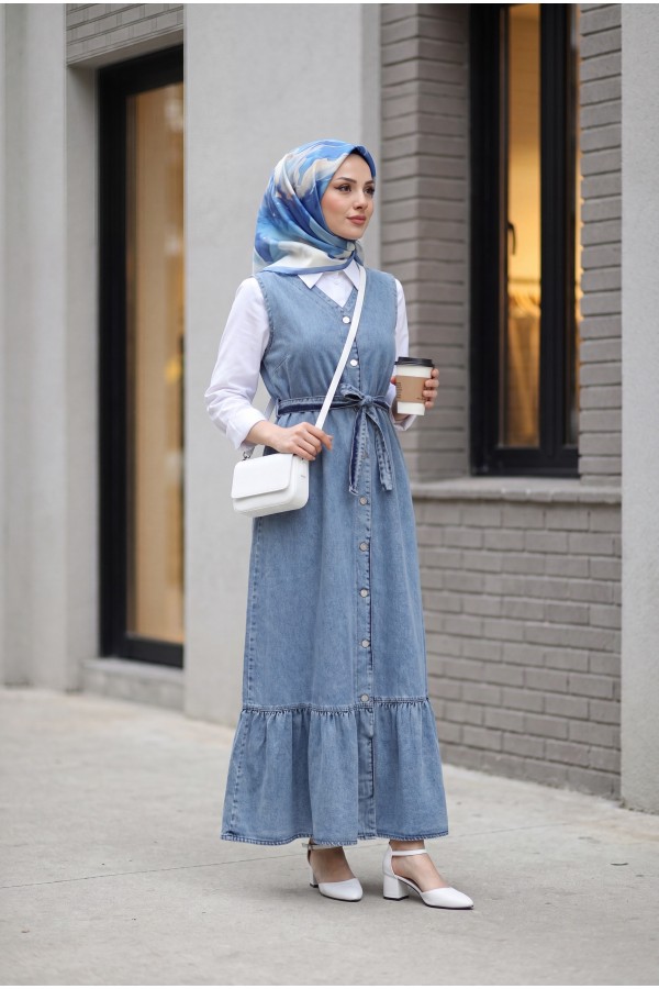 Tied Waist Denim Vest with Buttoned Front and Pockets -Ice Blue