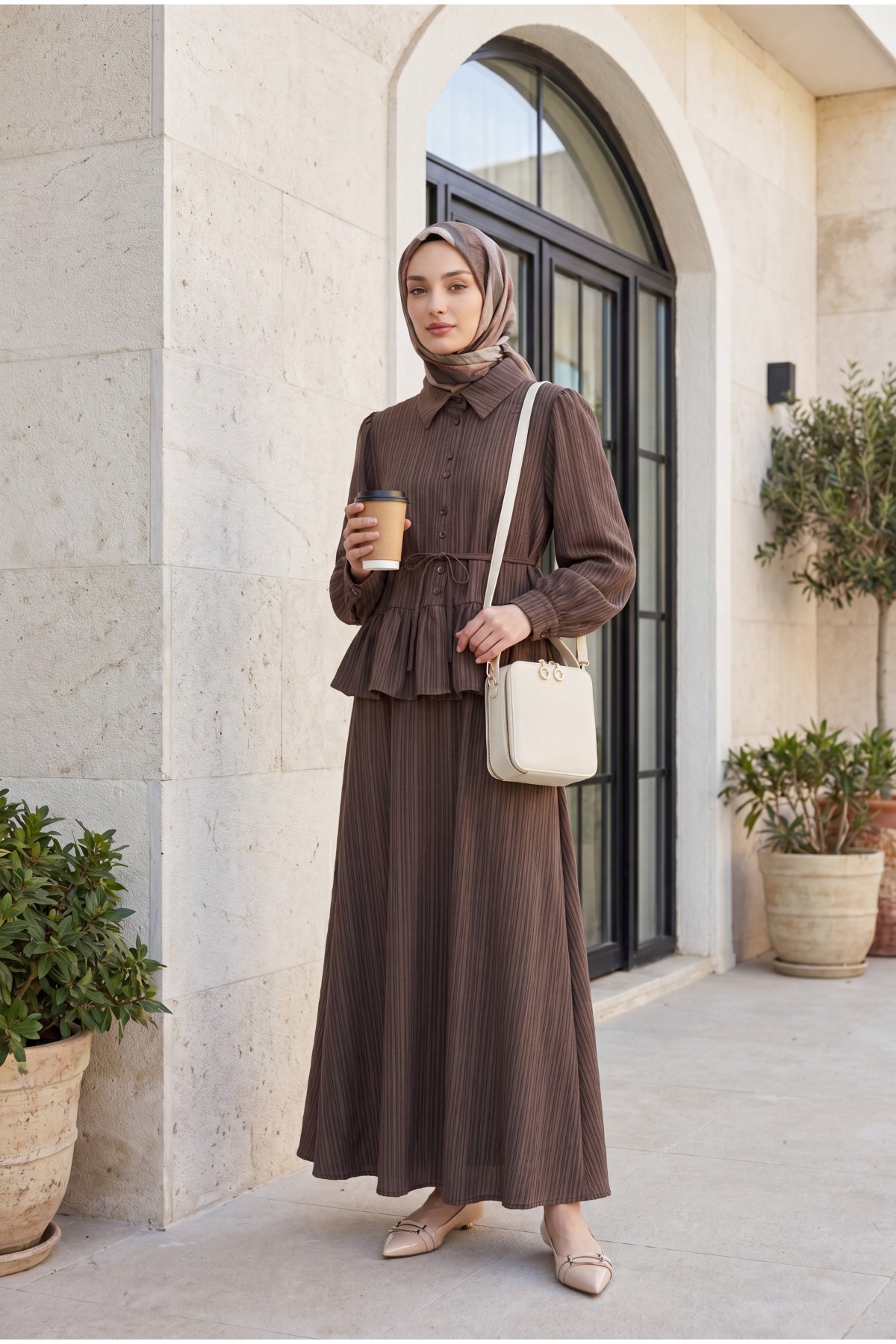 Skirt Suit with Frilled Buttons and Tied Waist  -Brown