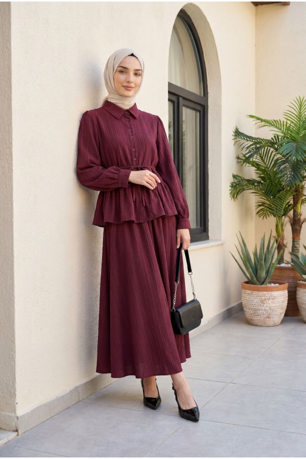Skirt Suit with Frilled Buttons and Tied Waist  -Maroon