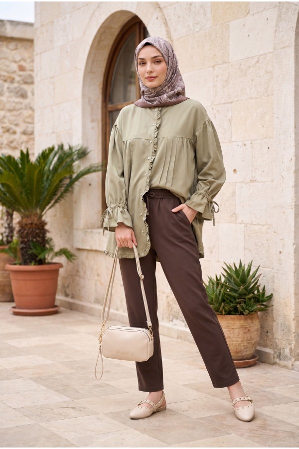 Beli Bağcıklı Dar Paça Pantolon    -Kahverengi