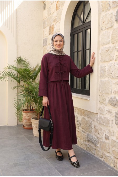 Önü Bağcıklı Beli Lastikli Etekli Keten Görünümlü Takım   -Bordo