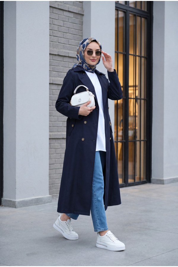 Double Buttoned Belted Trench Coat -Navy blue