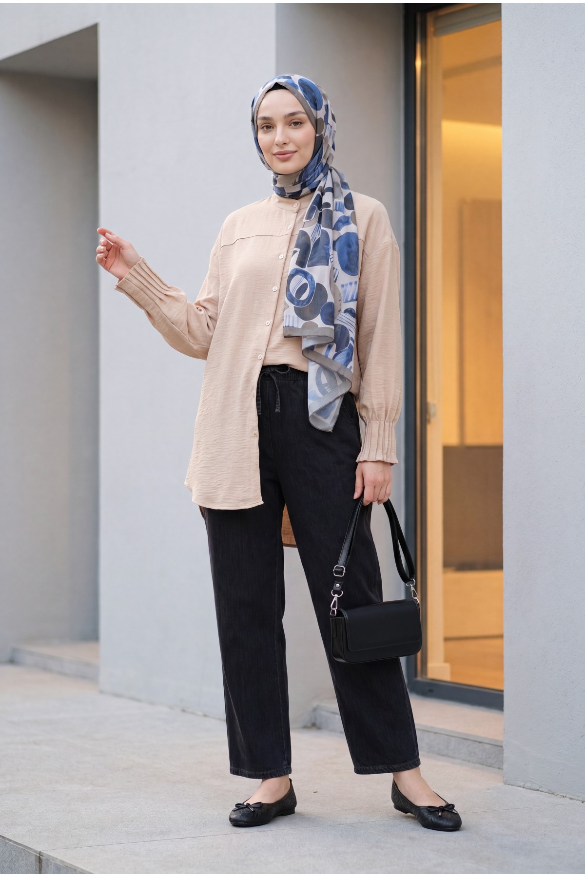 Sleeve Cuff Draped Oval Cut Shirt -Light Mink