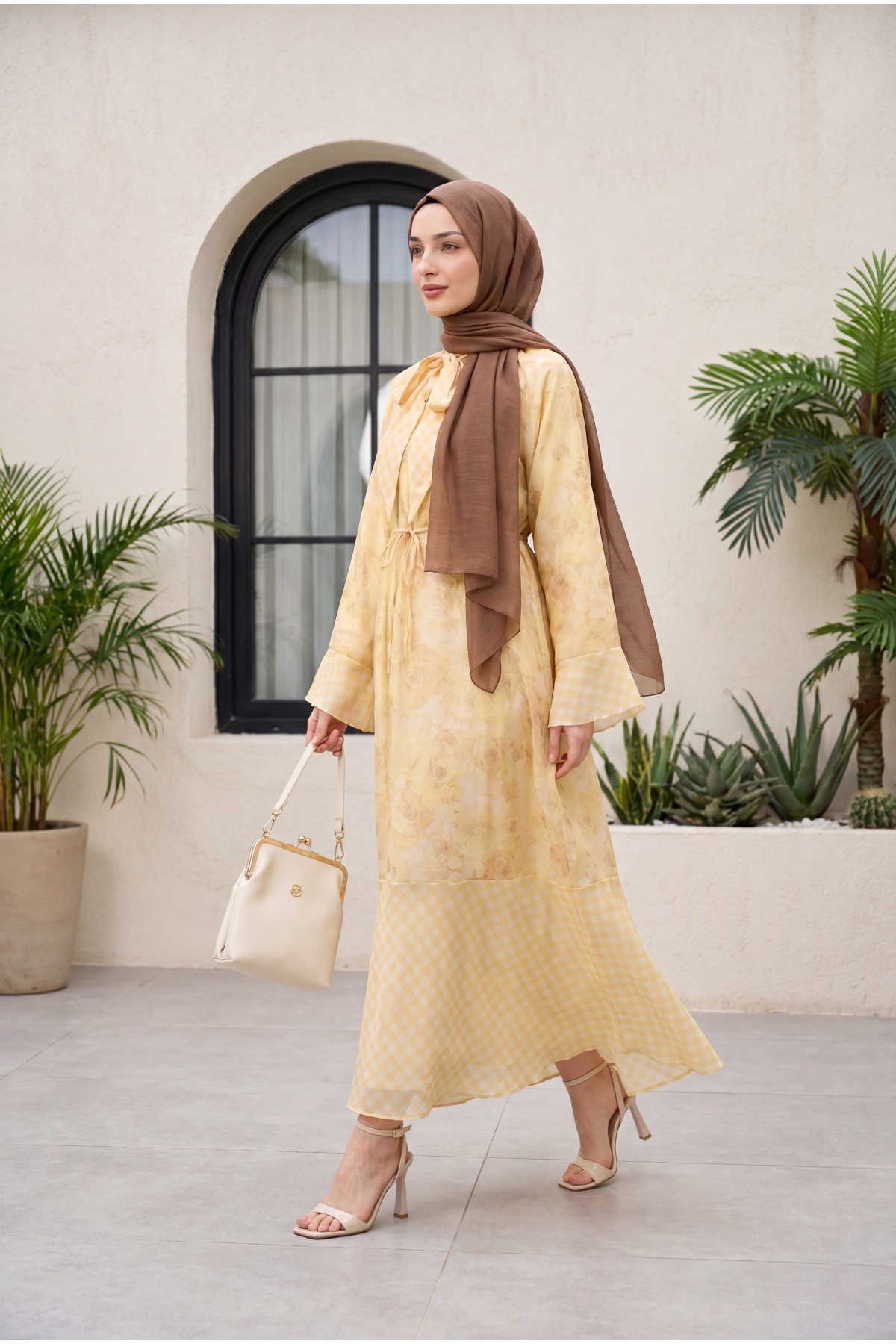 Patterned lined chiffon dress with tie-neck and waist -Yellow