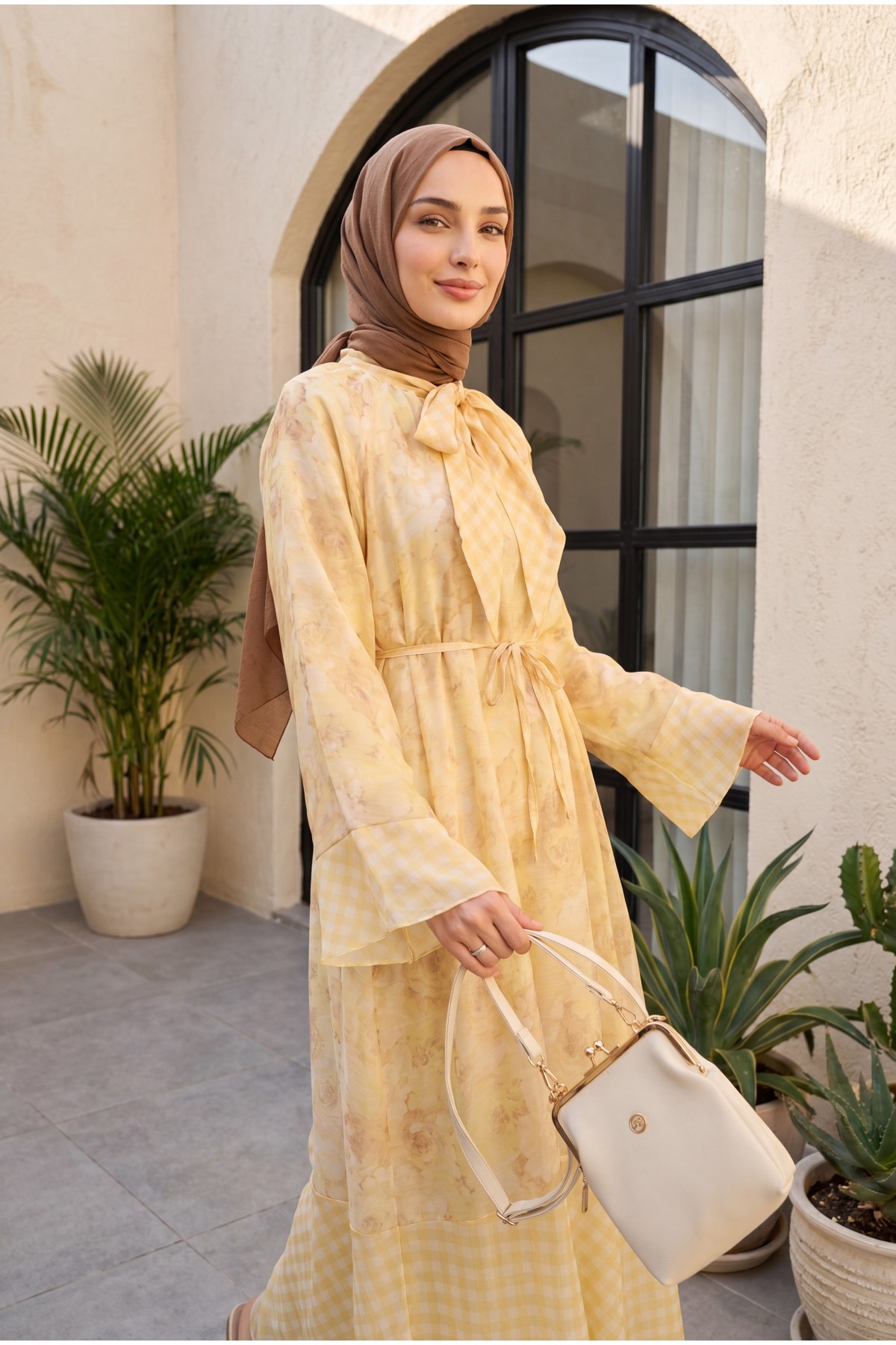 Patterned lined chiffon dress with tie-neck and waist -Yellow