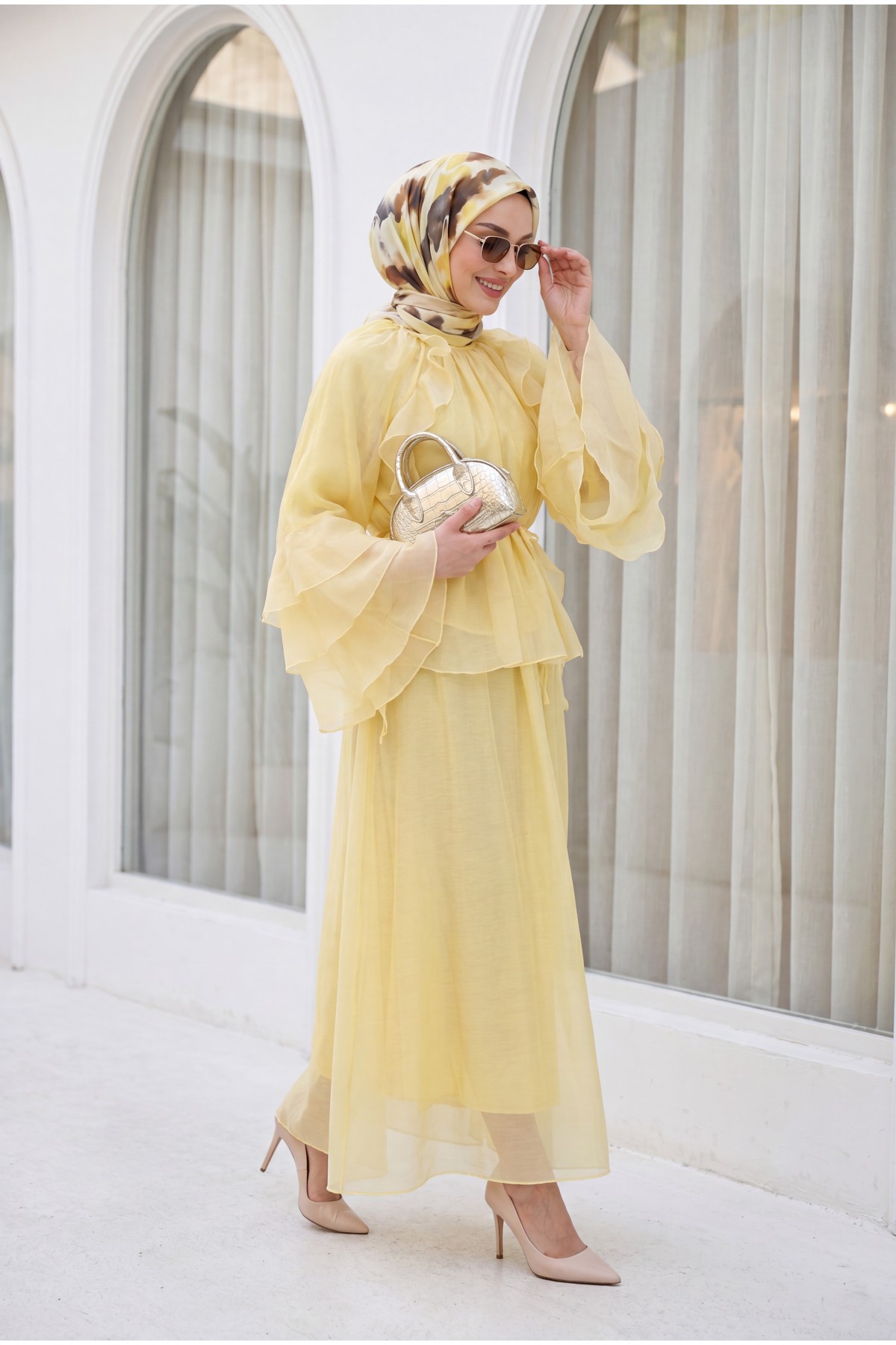 Cupra Suit with Ruffled Front, Spanish Sleeves, Lined, and Lace-Up Skirt -Yellow