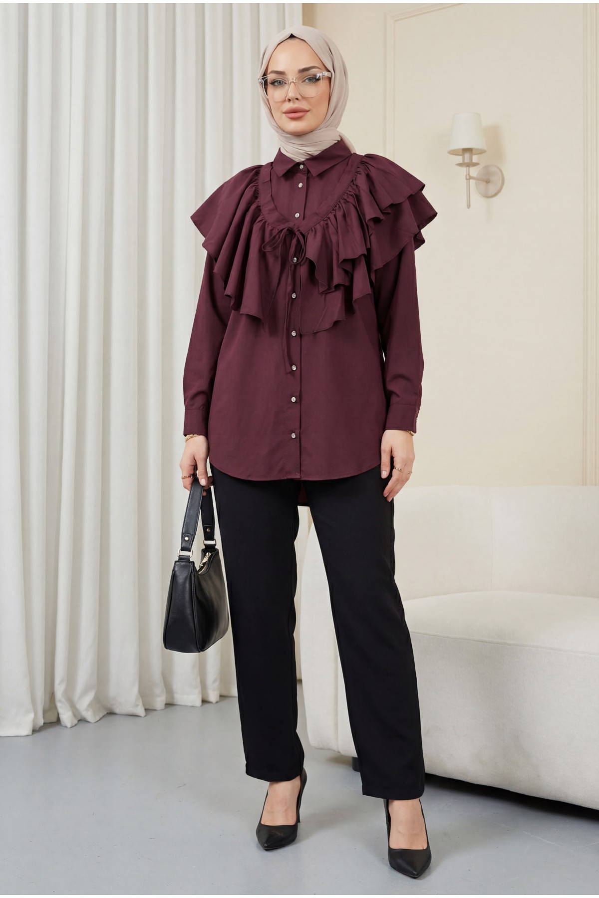 Oval Cut Poplin Tunic with Cape Detail and Button Closure -Damson