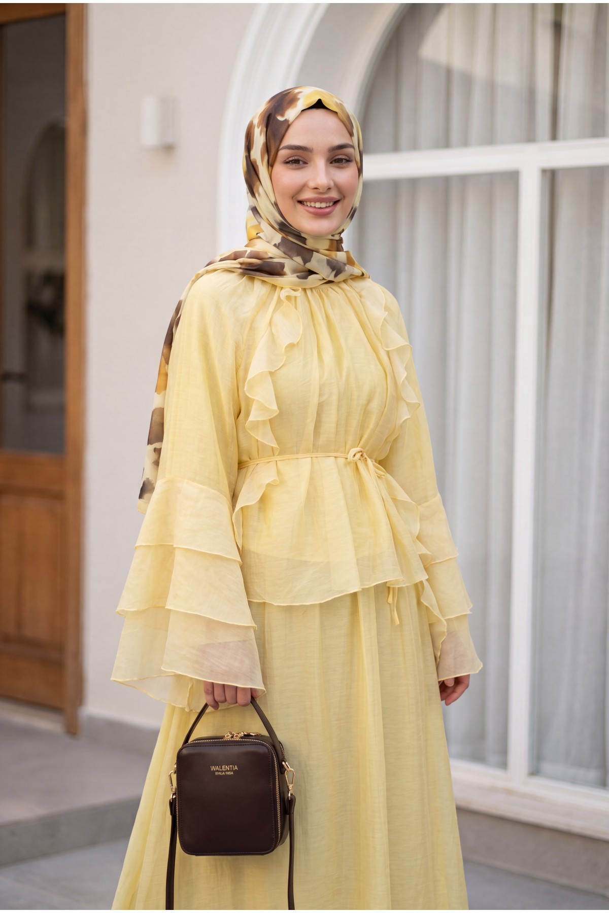 Cupra Suit with Ruffled Front, Spanish Sleeves, Lined, and Lace-Up Skirt -Yellow