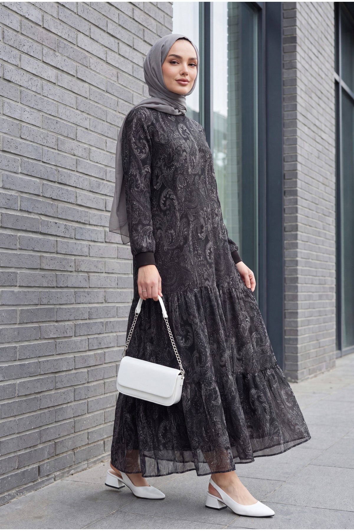 Ethnic Pattern Skirt Piece Lined Chiffon Dress  -Anthracite