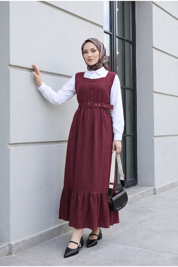 Top Düğmeli Altı Fırfırlı Beli Kemerli  Jile Elbise -Bordo