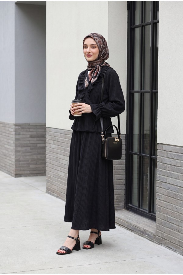 Kimono Suit with Ruffled Collar and Tied Front Skirt -Black