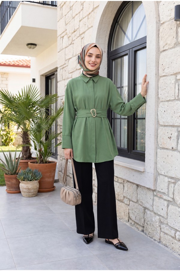 Duble Kumaş Beli Kuşaklı Bol Paça Pantolon -Siyah
