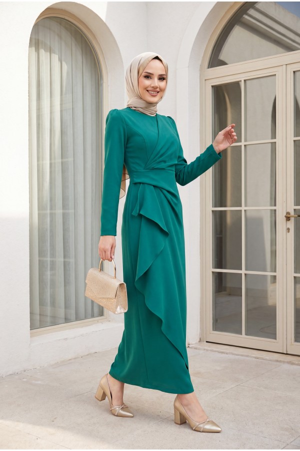 Asymmetrical Crepe Dress with Front Allery Skirt  -Emerald