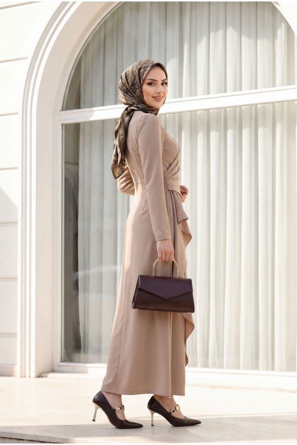 Asymmetrical Crepe Dress with Front Allery Skirt  - Beige