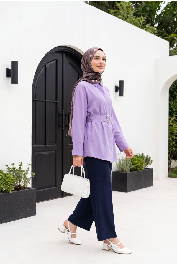 Single Button Front Fold Detail Pocket Trousers -Navy blue