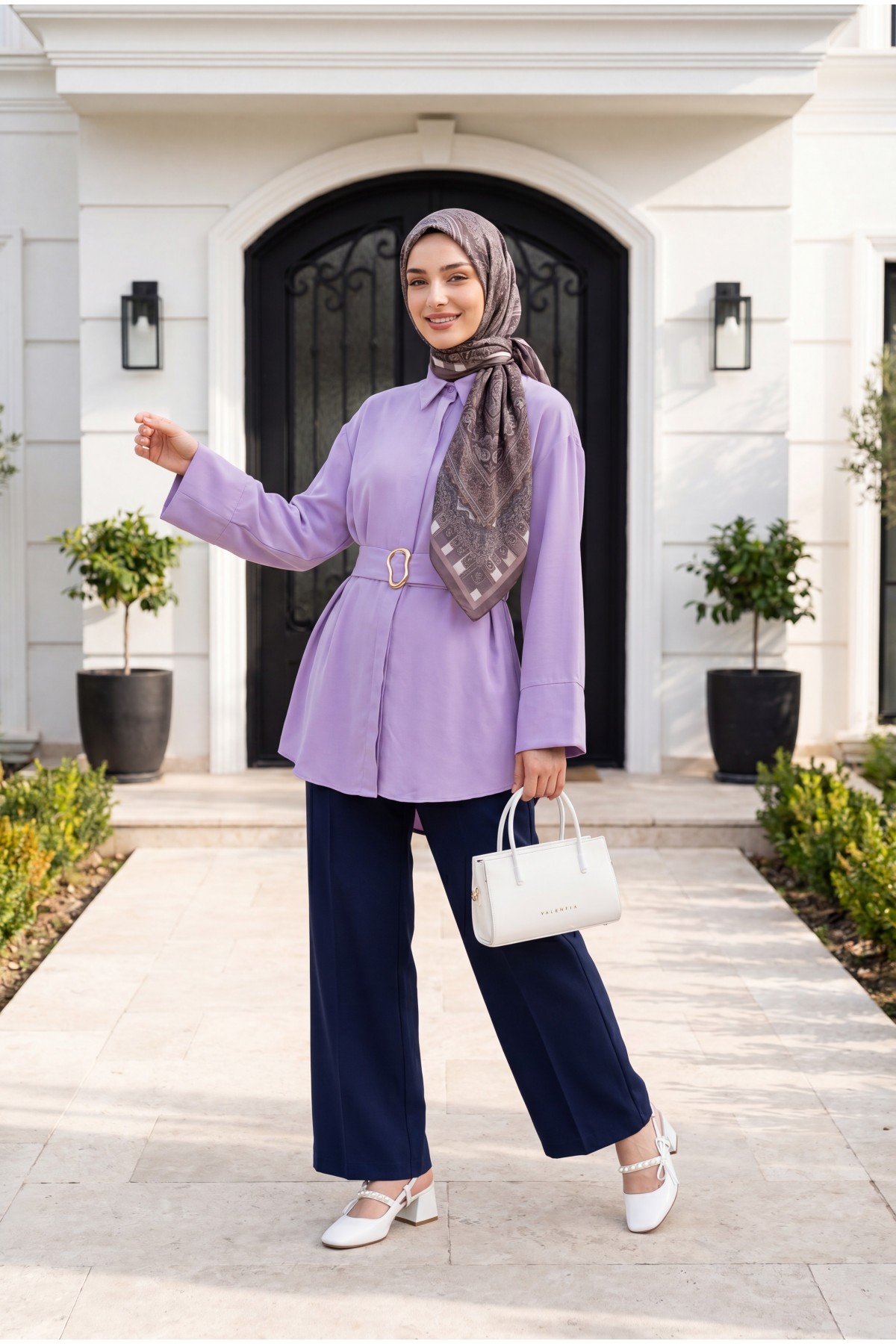 Single Button Front Fold Detail Pocket Trousers -Navy blue