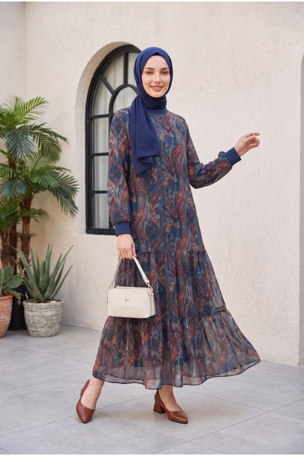Ethnic Pattern Skirt Piece Lined Chiffon Dress -Emerald