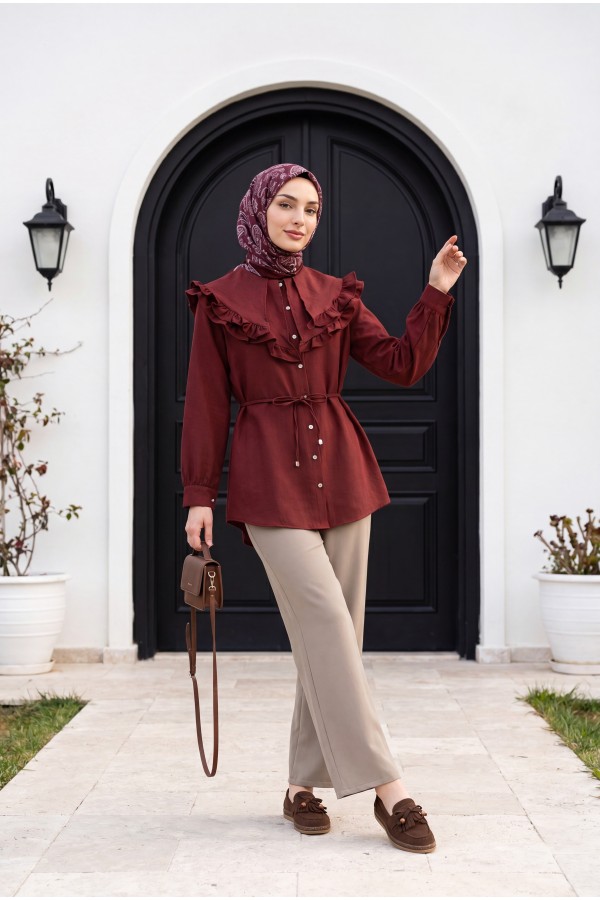 Duble Kumaş Beli Kuşaklı Bol Paça Pantolon   -Vizon