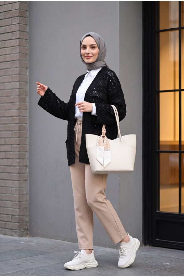Double Pocket Openwork Spanish Sleeve Knit Cardigan -Black