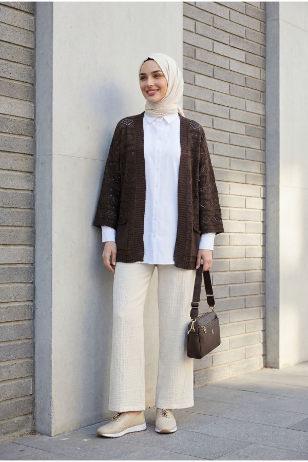 Double Pocket Openwork Spanish Sleeve Knit Cardigan -Dark Coffee