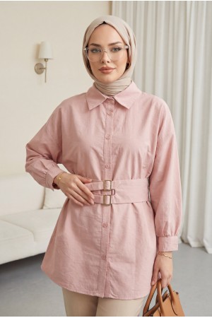 Çift Tokalı Lastikli Kemerli Önü Düğmeli Cupra Gömlek -Pudra