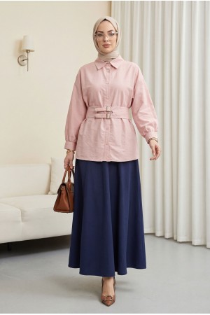 Çift Tokalı Lastikli Kemerli Önü Düğmeli Cupra Gömlek -Pudra