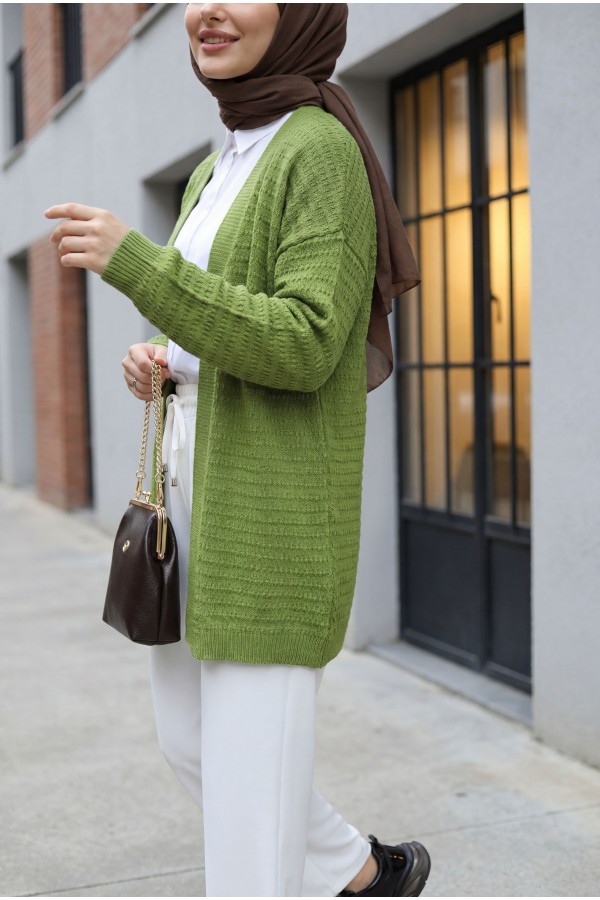 Thin Knit Cardigan with Pom-Pom Detail -PISTACHIO GREEN